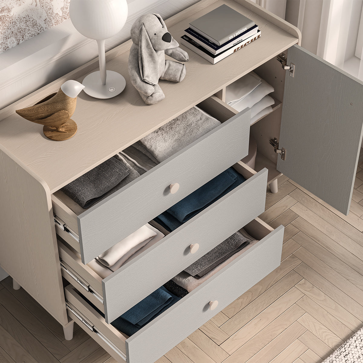 Commode 1 porte 3 tiroirs Alycia Beige et Gris - vue 4