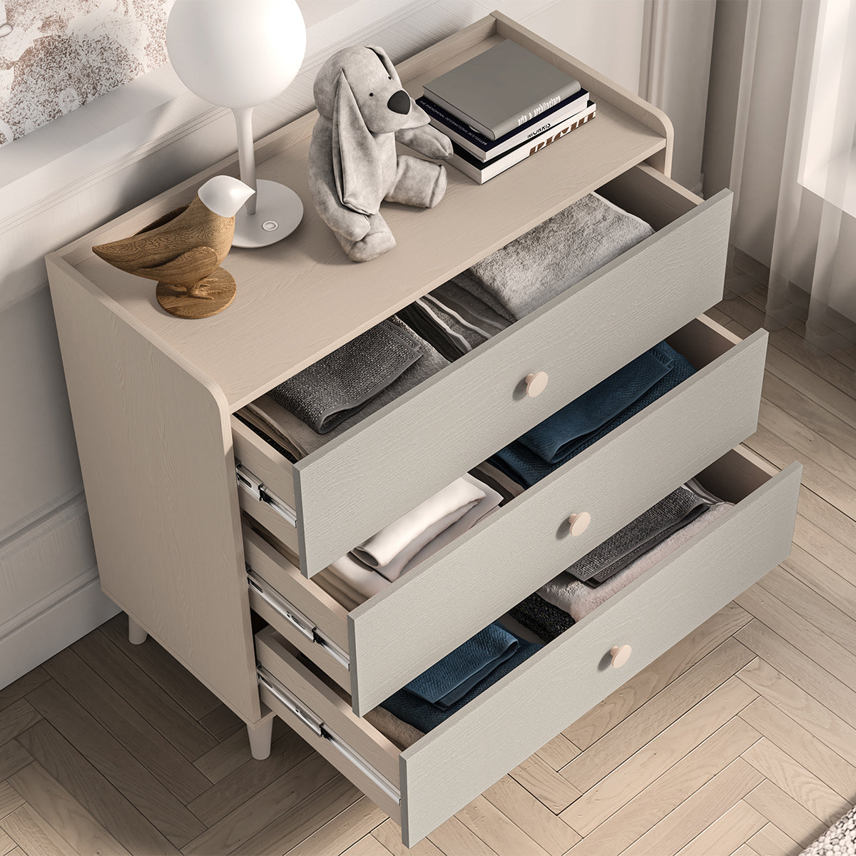 Commode 3 tiroirs Alycia Beige et Gris - vue 4