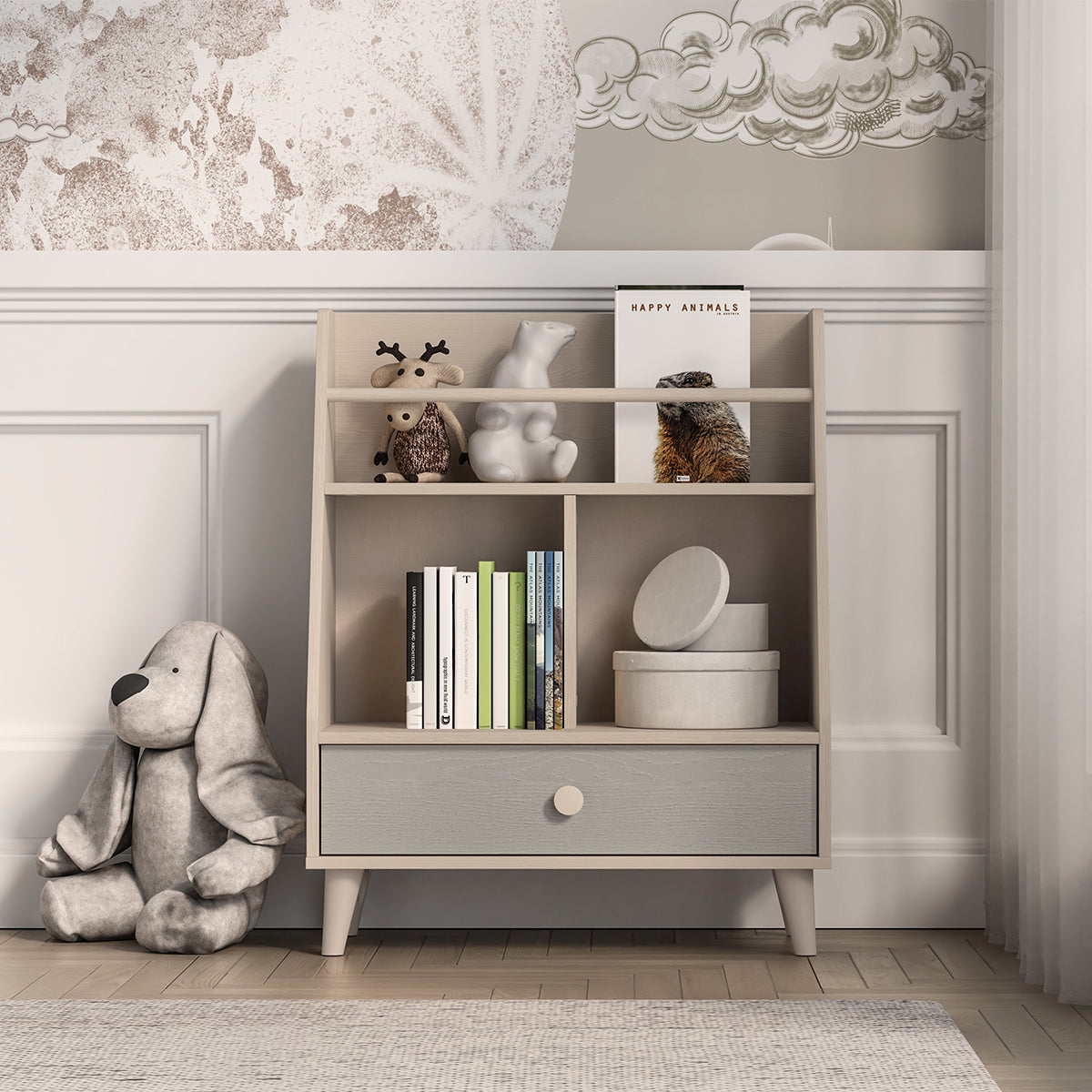 Petite bibliothèque 1 tiroir Alycia Beige et Gris - vue 3