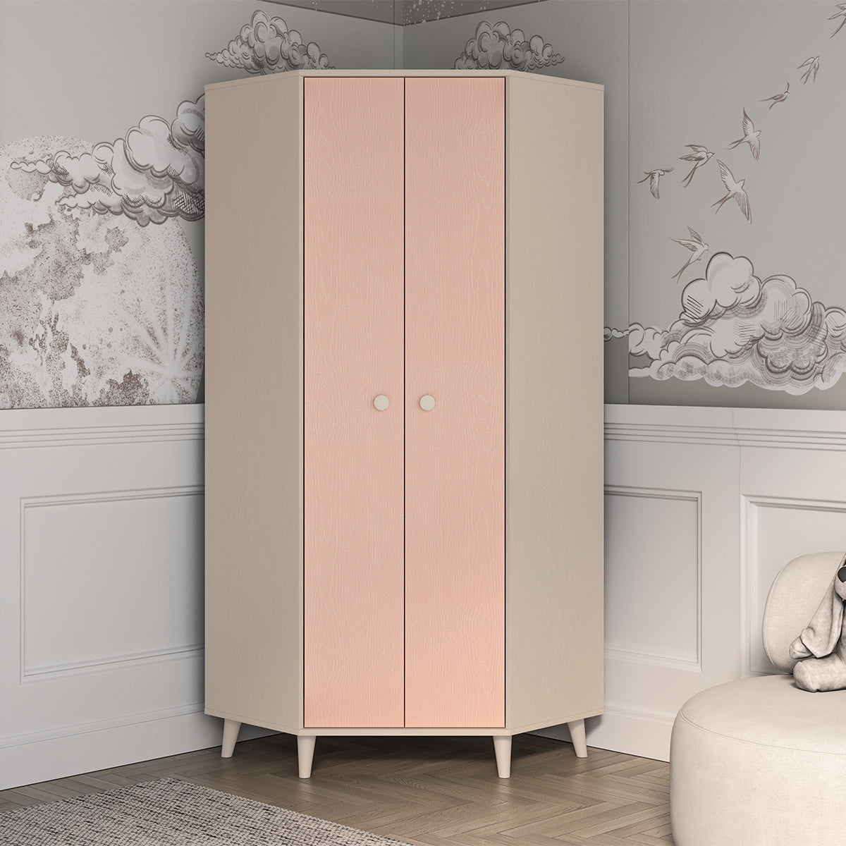 Armoire d'angle 2 portes Alycia Beige et Rose - vue 3