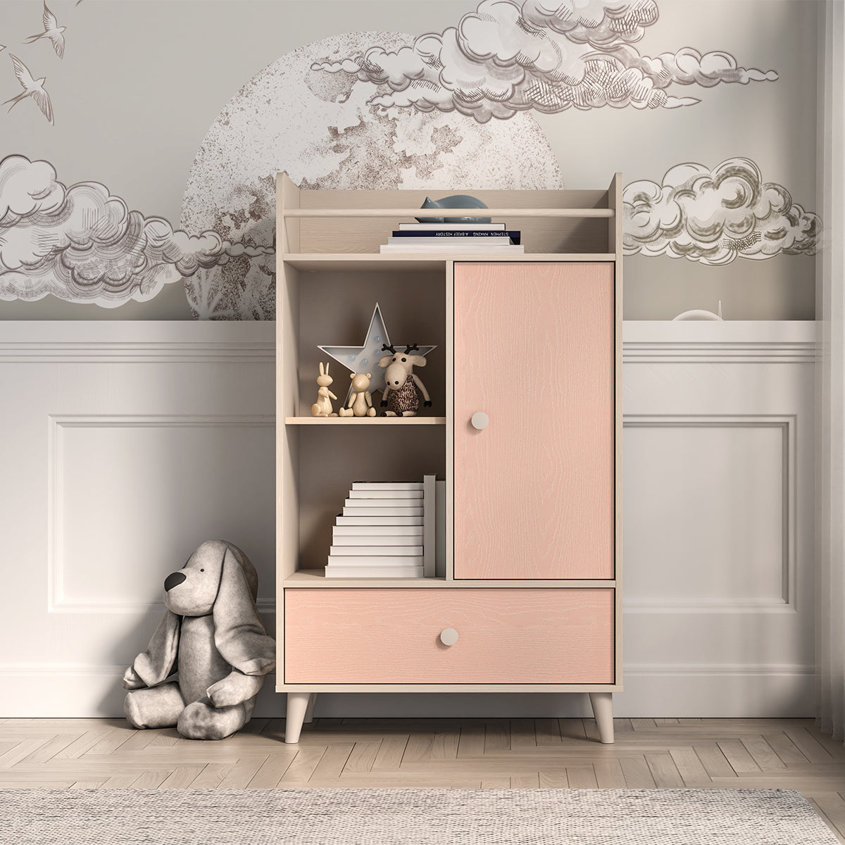 Bibliothèque 1 porte 1 tiroir Alycia Beige et Rose - vue 3