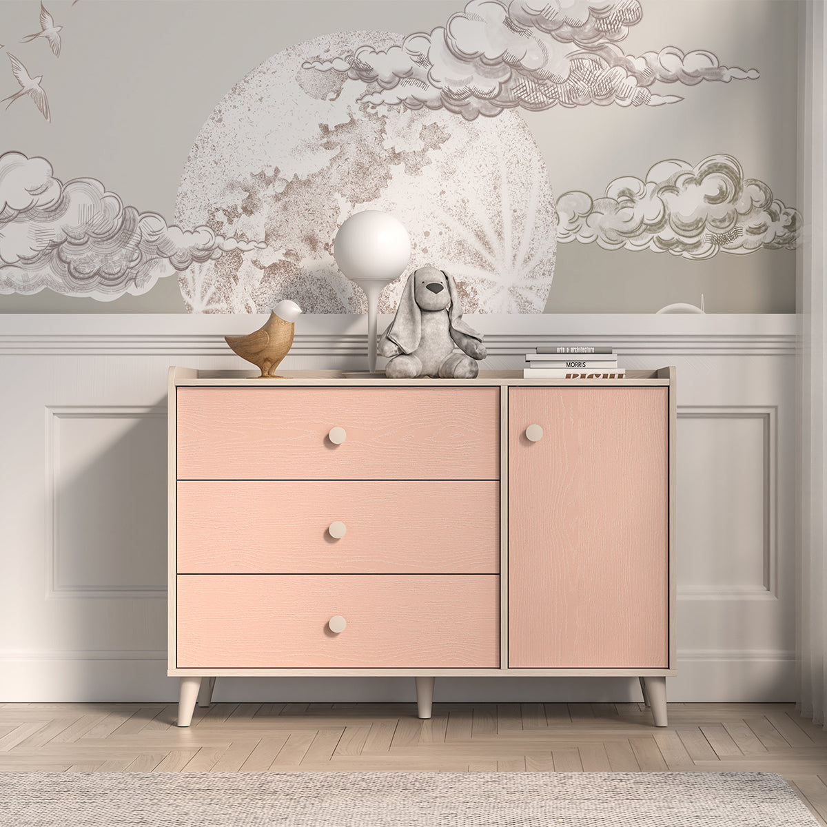 Commode 1 porte 3 tiroirs Alycia Beige et Rose - vue 3
