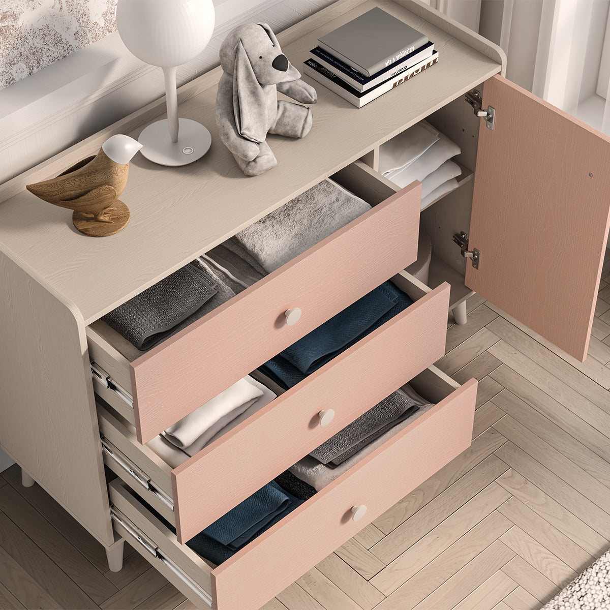 Commode 1 porte 3 tiroirs Alycia Beige et Rose - vue 4