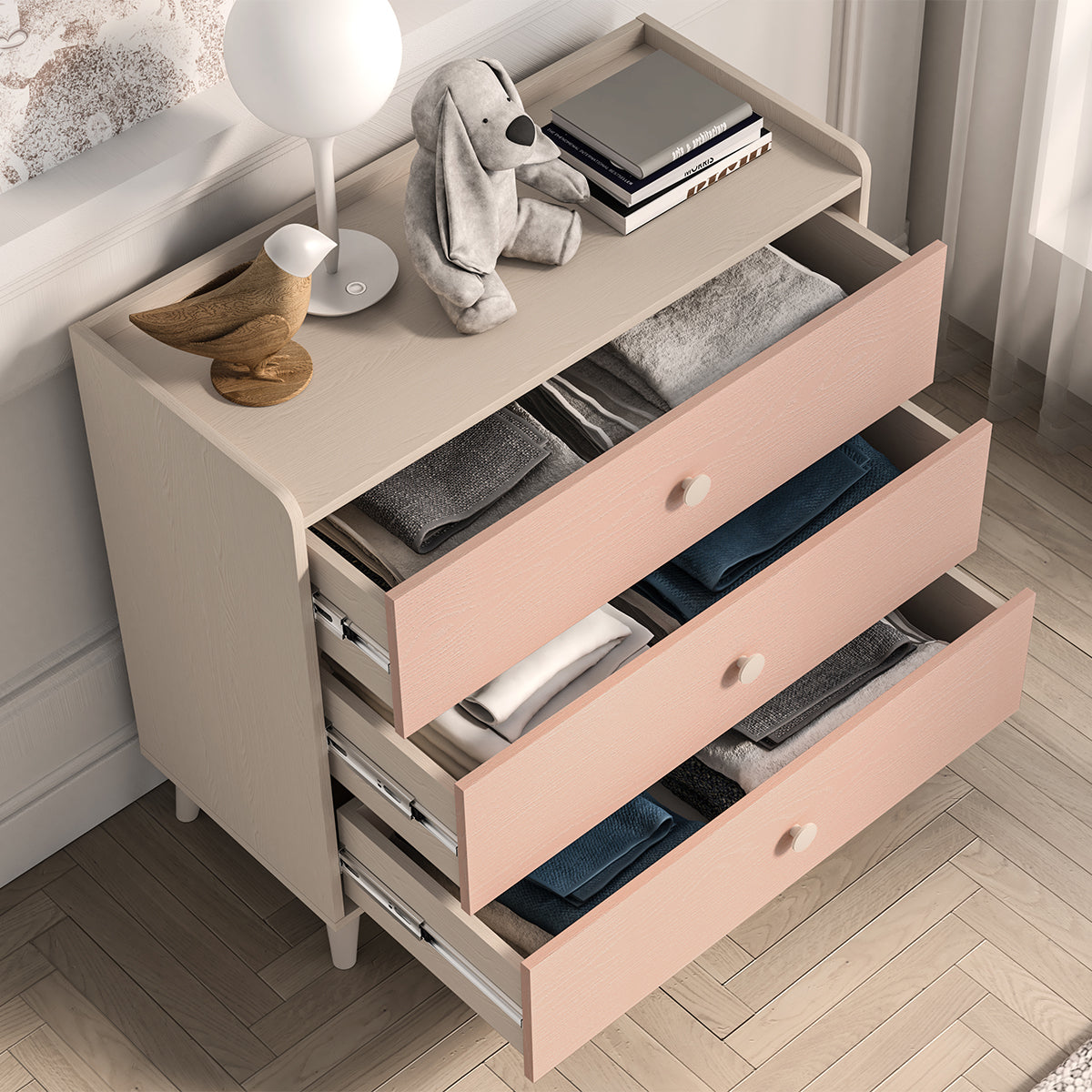 Commode 3 tiroirs Alycia Beige et Rose - vue 4