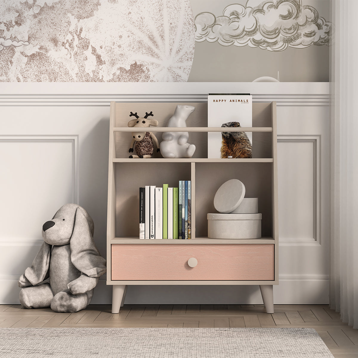 Petite bibliothèque 1 tiroir Alycia Beige et Rose - vue 3
