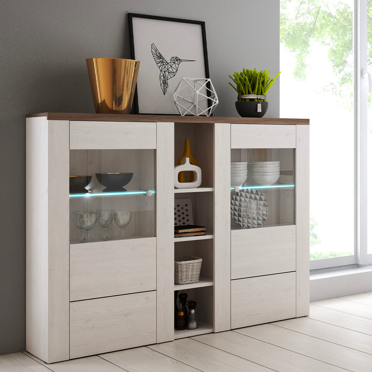 Vaisselier 2 portes avec LED Amaury Bois Blanc - vue 2