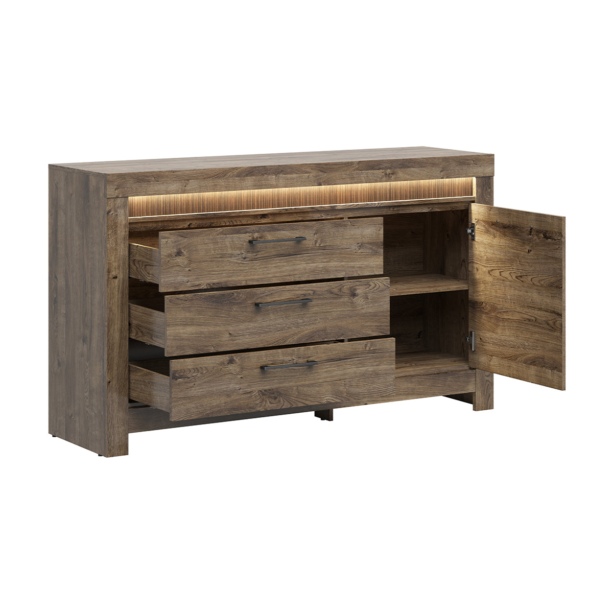 Buffet 1 porte 3 tiroirs LED inclus Amaury Bois - vue 2