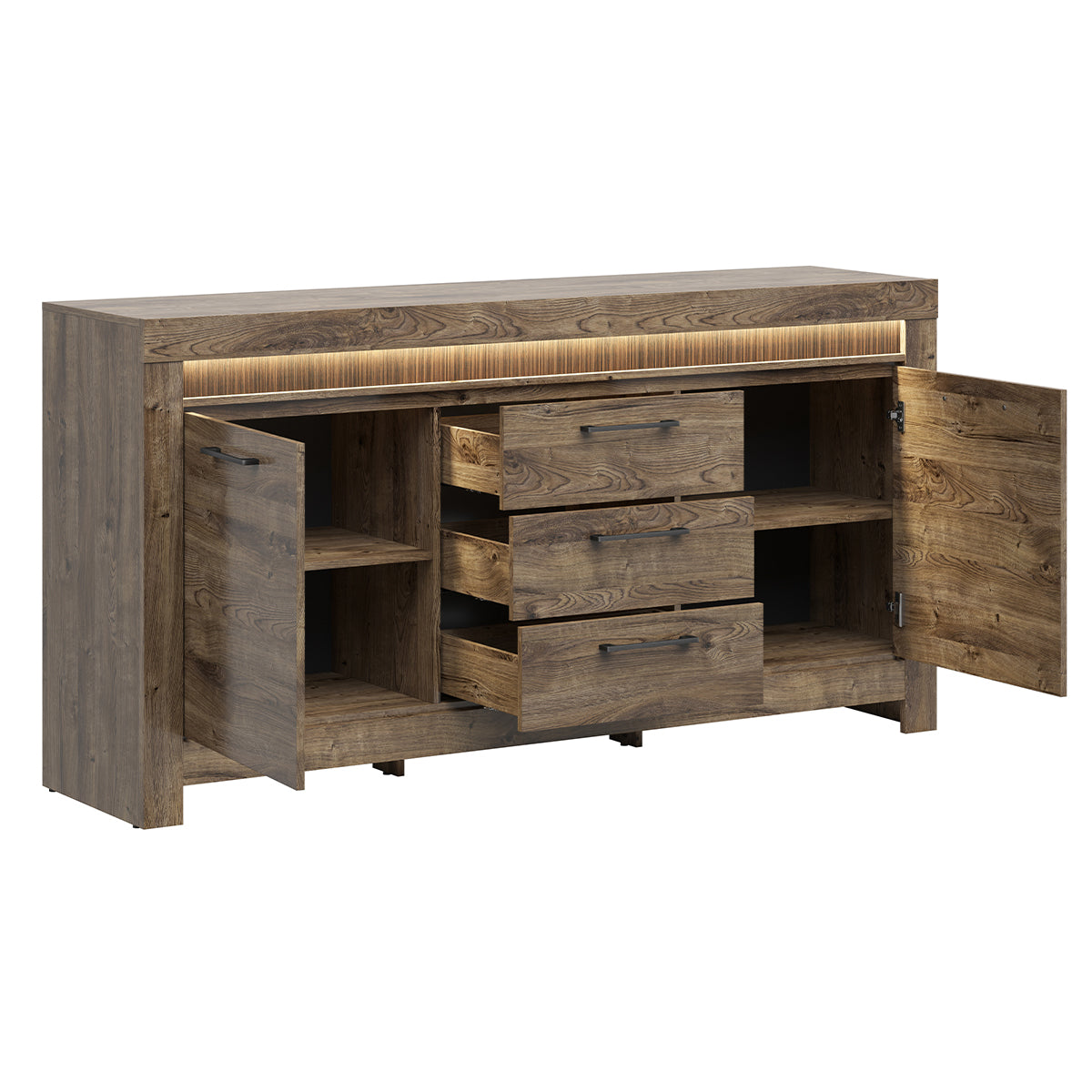 Buffet 2 portes 3 tiroirs LED inclus Amaury Bois - vue 2