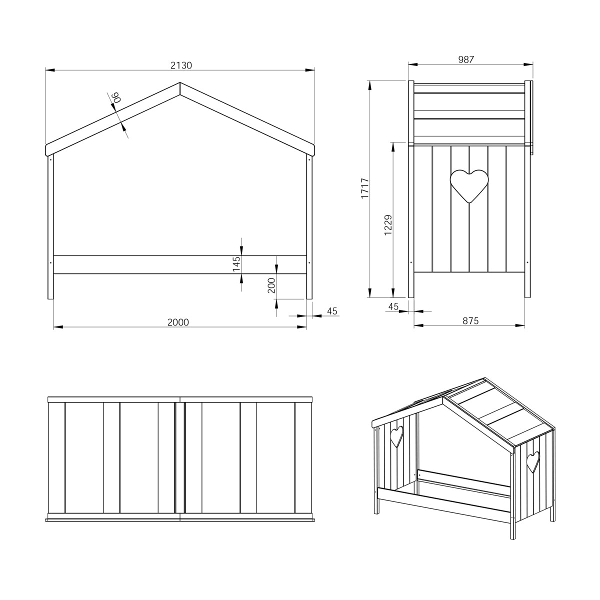 Lit cabane ouvert 90x200 sommier inclus Vipack Amori Blanc - vue 5
