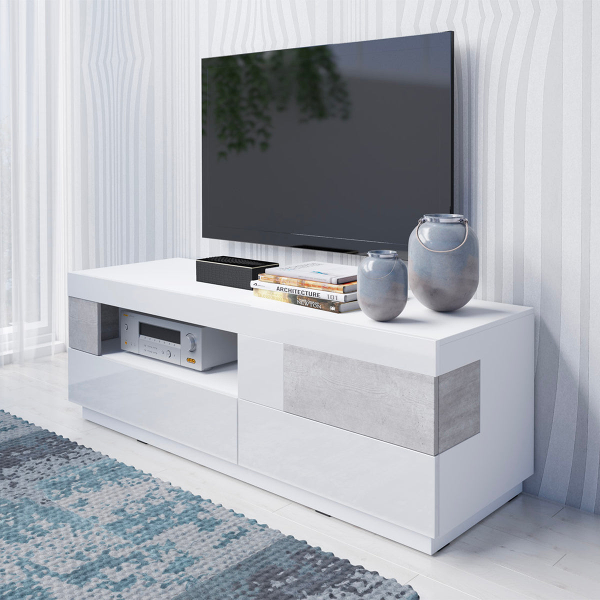 Meuble TV 1 porte 2 tiroirs 160 cm Andrea Blanc et Béton - vue 2