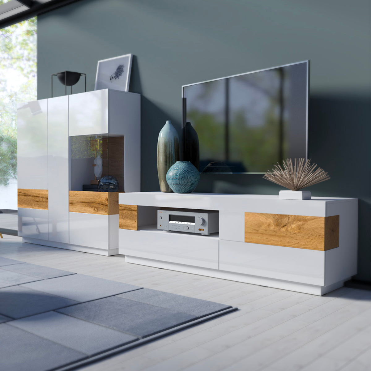 Meuble TV 1 porte 2 tiroirs 160 cm Andrea Blanc et Bois - vue 3