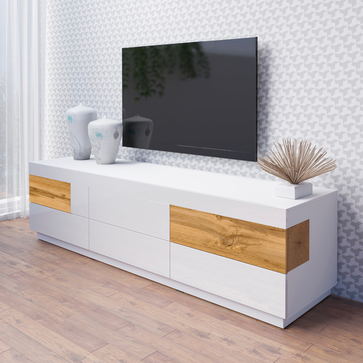 Meuble TV 6 tiroirs 206 cm Andrea Blanc et Bois - vue 2