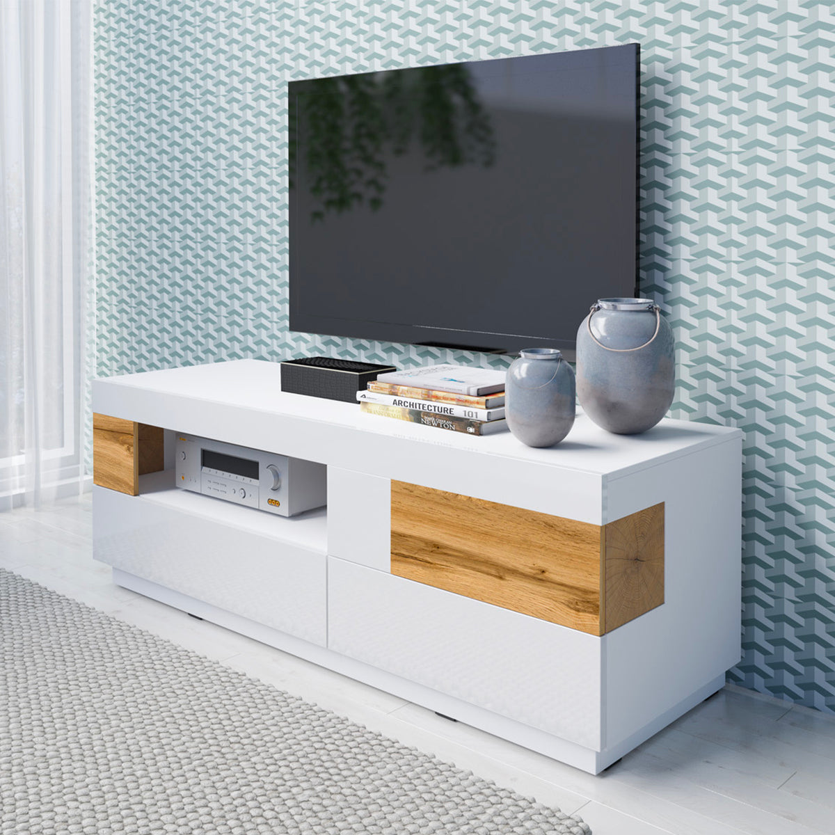 Meuble TV 1 porte 2 tiroirs 160 cm Andrea Blanc et Bois - vue 2