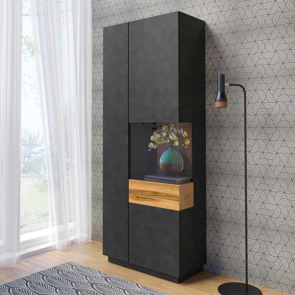 Vitrine 2 portes ouverture droite Andrea Gris anthracite et Bois - vue 2
