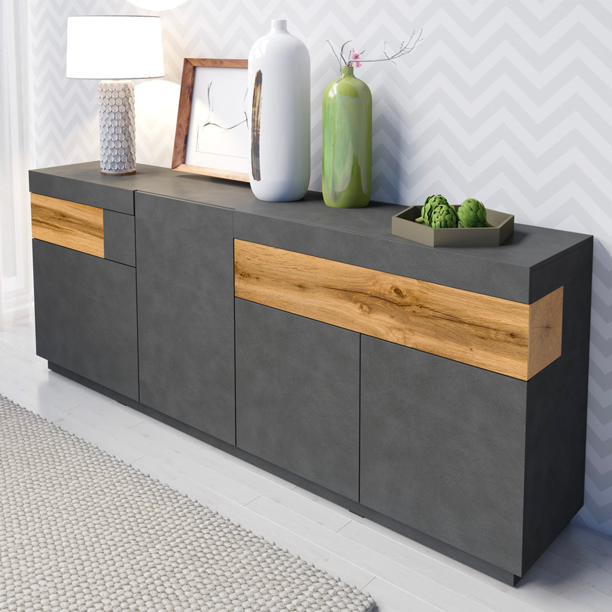 Buffet 4 portes 2 tiroirs Andrea Gris anthracite et Bois - vue 2