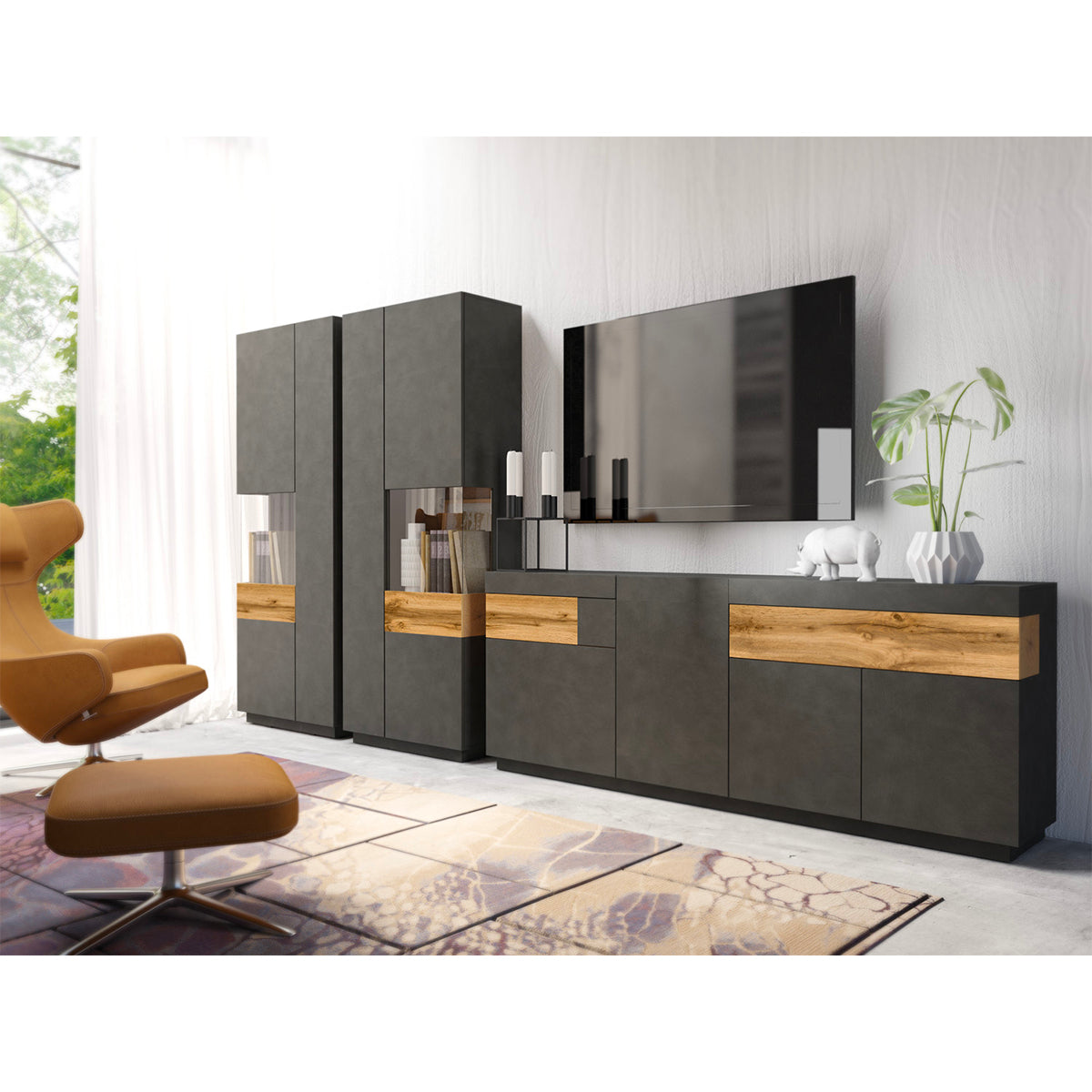 Buffet 4 portes 2 tiroirs Andrea Gris anthracite et Bois - vue 4