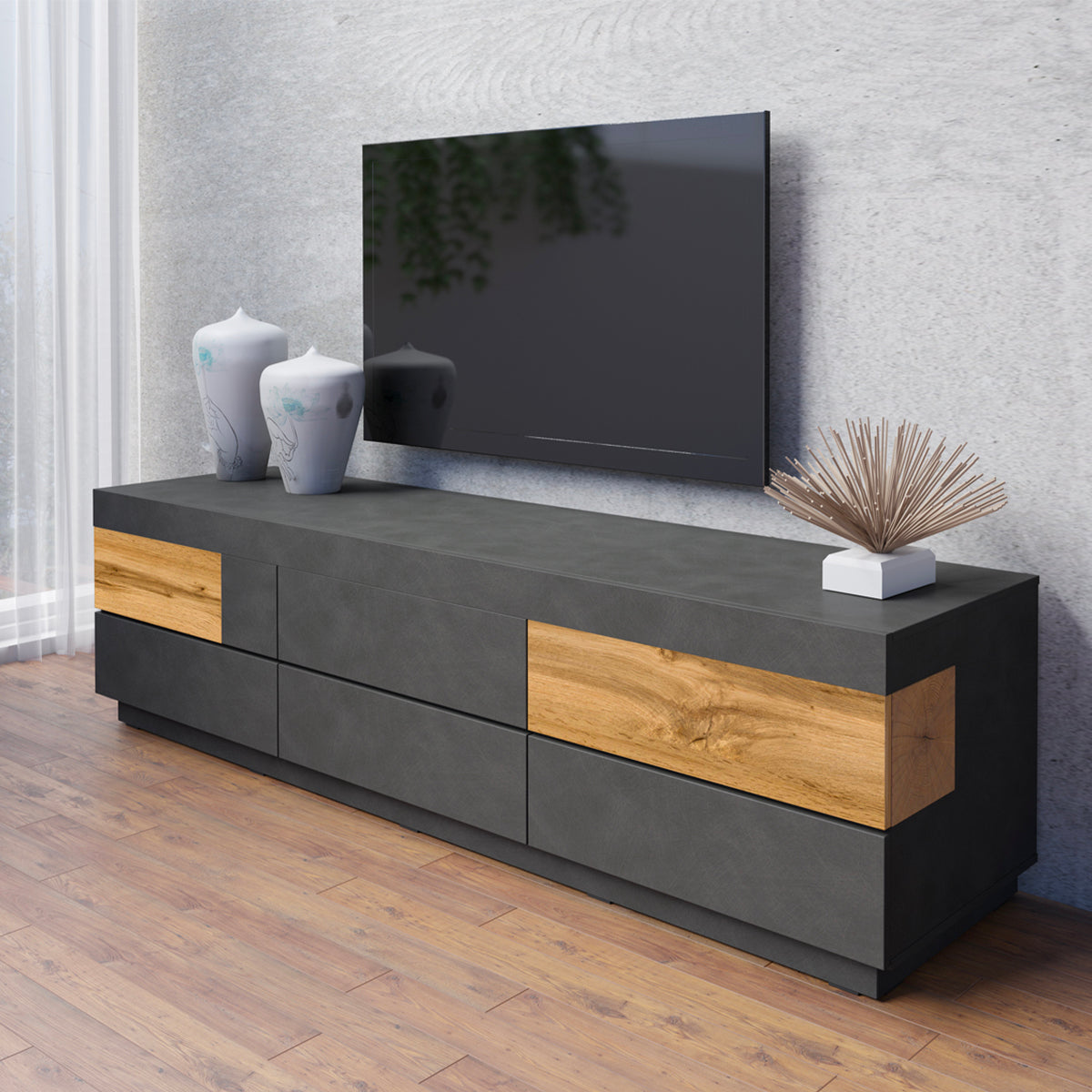Meuble TV 6 tiroirs 206 cm Andrea Gris anthracite et Bois - vue 2