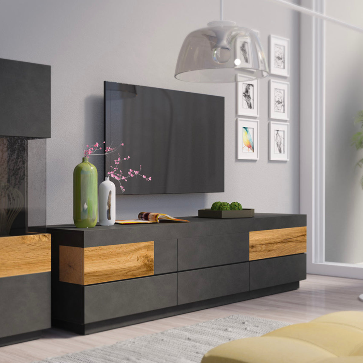 Meuble TV 6 tiroirs 206 cm Andrea Gris anthracite et Bois - vue 4