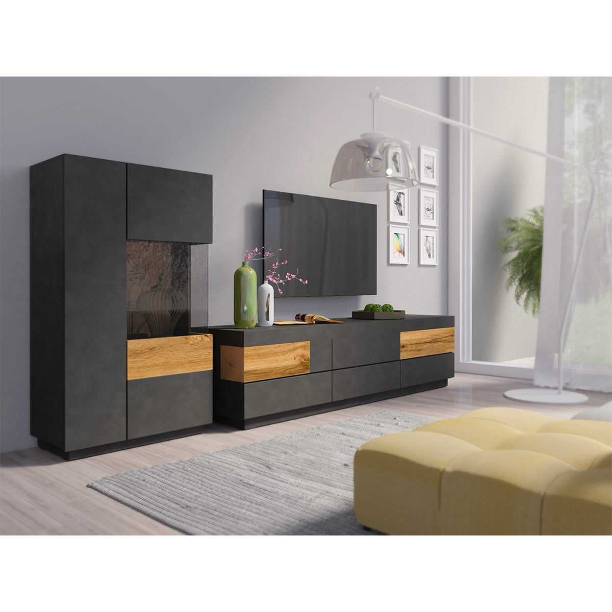 Meuble TV 6 tiroirs 206 cm Andrea Gris anthracite et Bois - vue 5