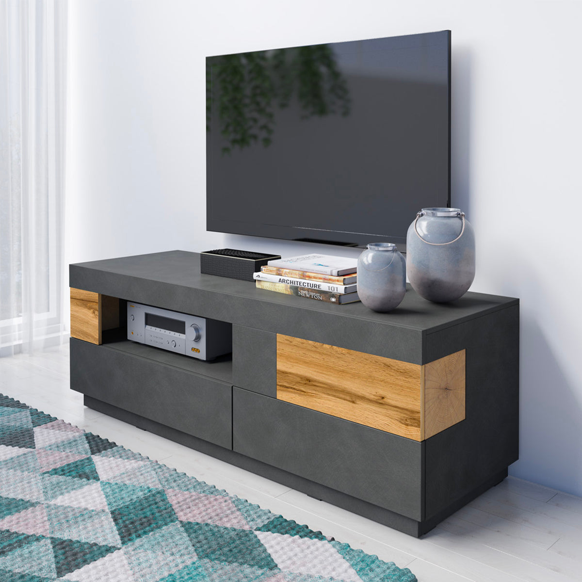 Meuble TV 1 porte 2 tiroirs 160 cm Andrea Gris anthracite et Bois - vue 3