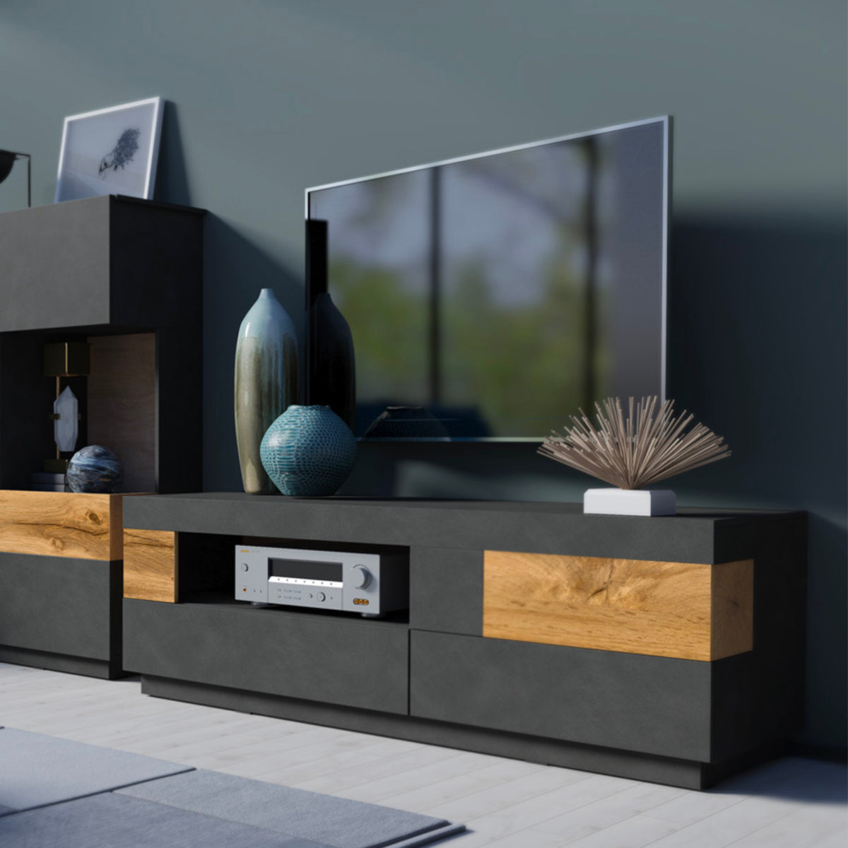 Meuble TV 1 porte 2 tiroirs 160 cm Andrea Gris anthracite et Bois - vue 4