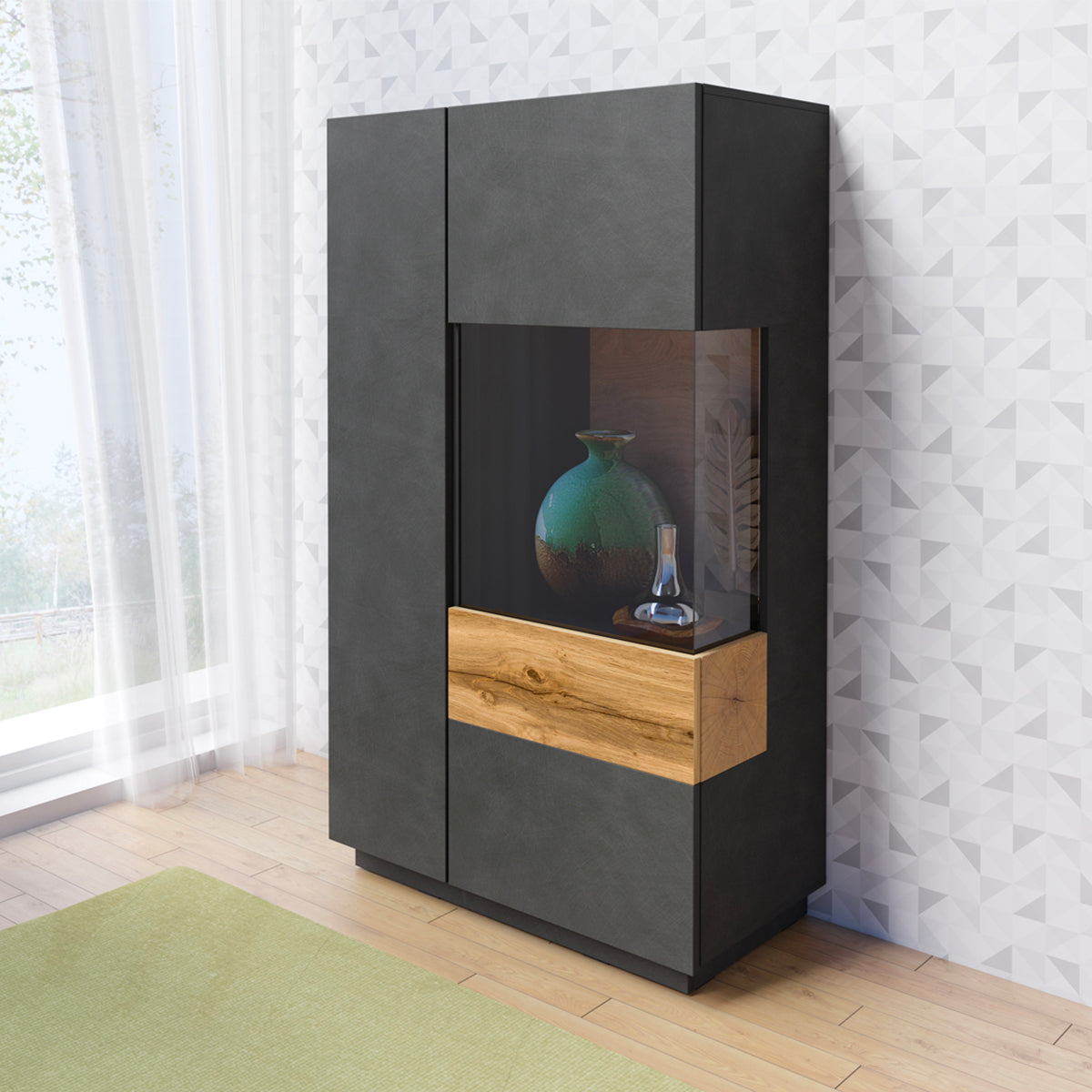 Vaisselier 2 portes ouverture droite Andrea Gris anthracite et Bois - vue 3