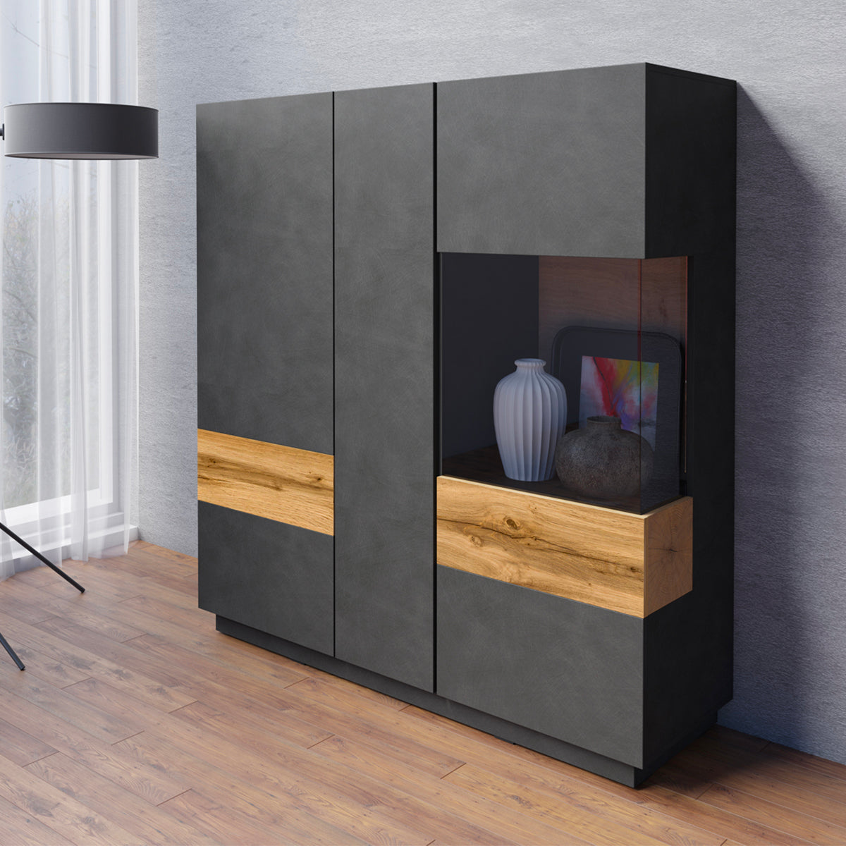 Vaisselier 3 portes Andrea Gris anthracite et Bois - vue 3