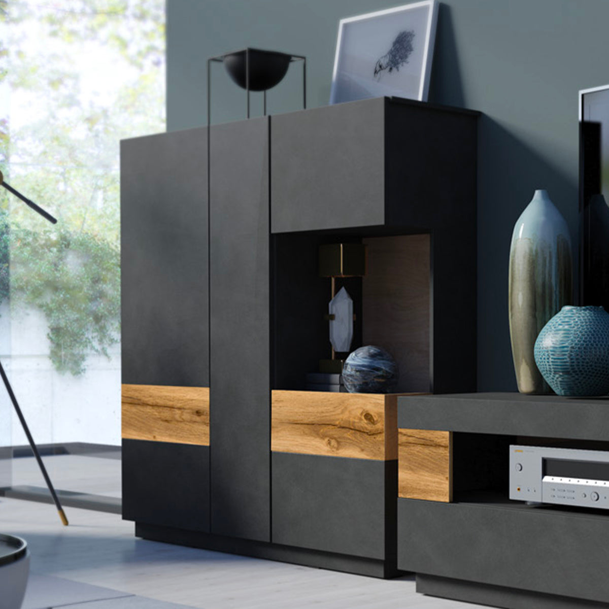Vaisselier 3 portes Andrea Gris anthracite et Bois - vue 4