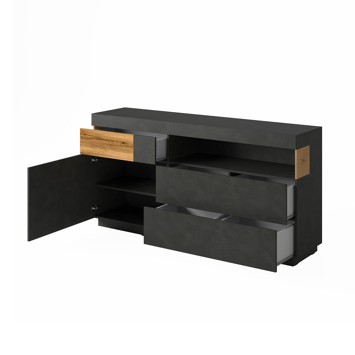 Buffet 1 porte 3 tiroirs Andrea Gris anthracite et Bois - vue 2