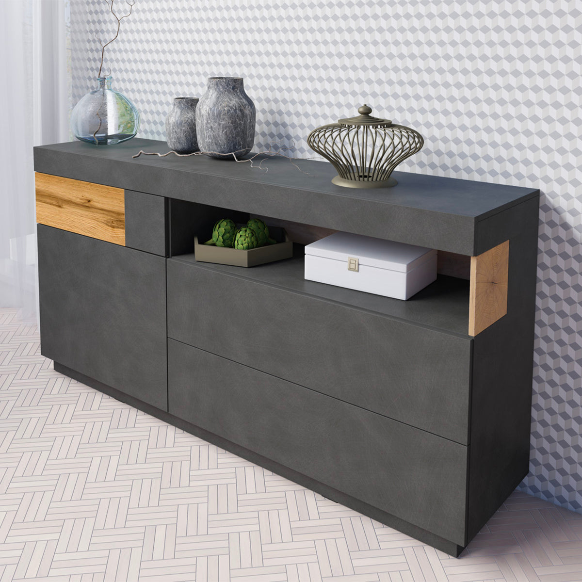 Buffet 1 porte 3 tiroirs Andrea Gris anthracite et Bois - vue 3