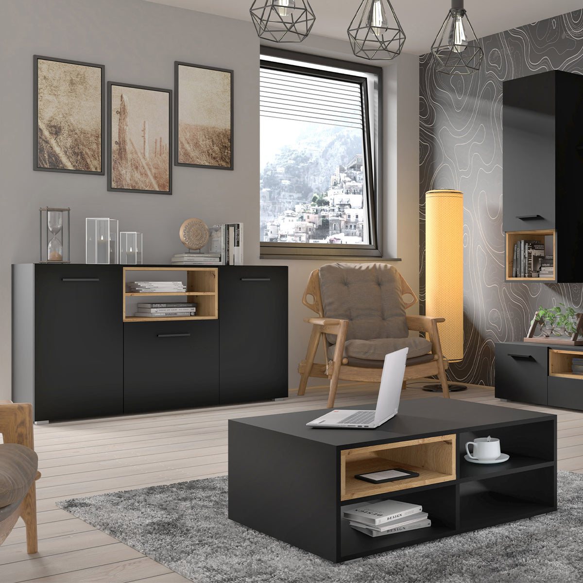 Buffet 3 portes Ania Noir et Bois - vue 4