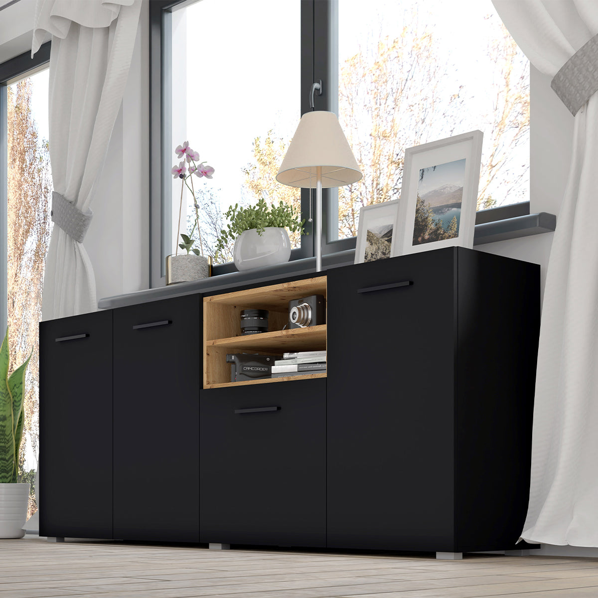 Buffet 4 portes Ania Noir et Bois - vue 3