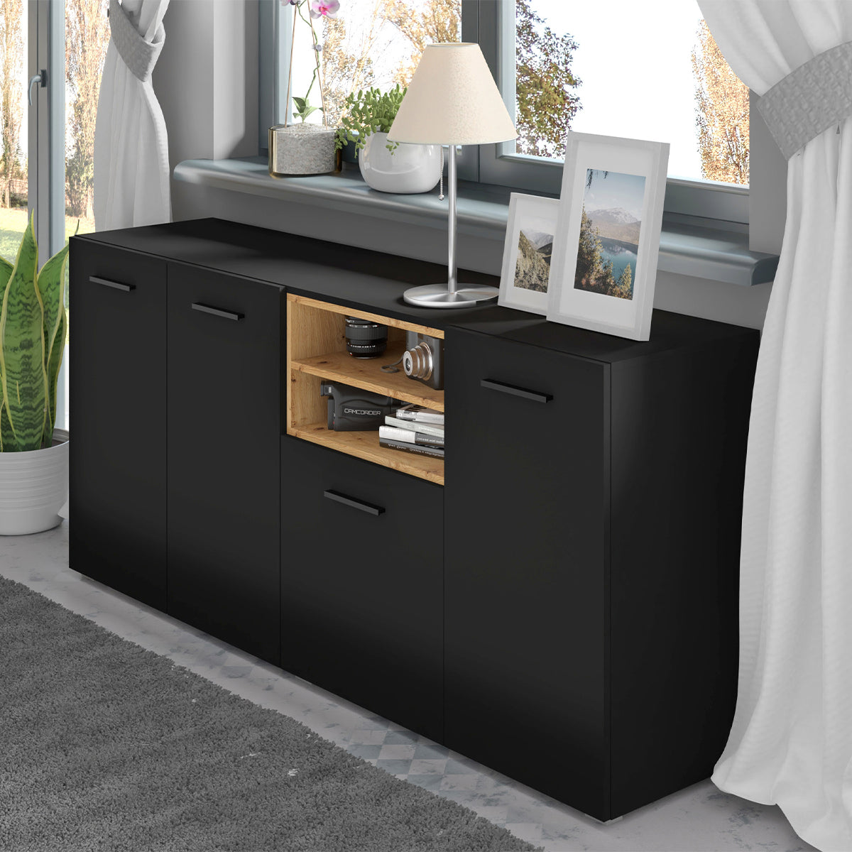 Buffet 4 portes Ania Noir et Bois - vue 4