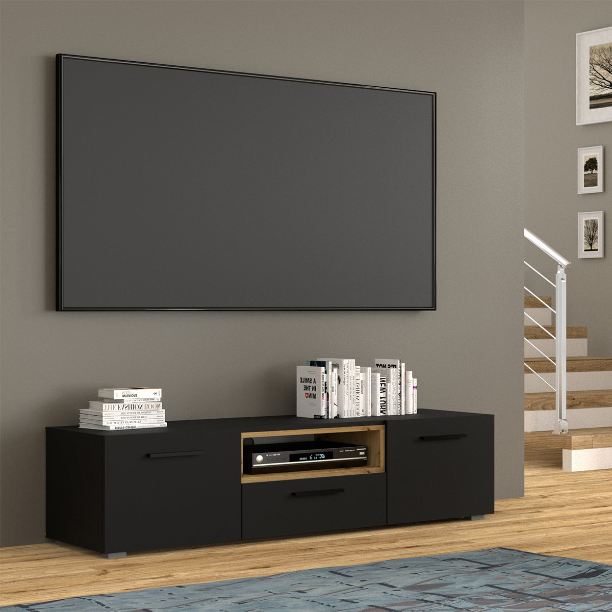 Meuble TV 3 portes 151 cm Ania Noir et Bois - vue 3