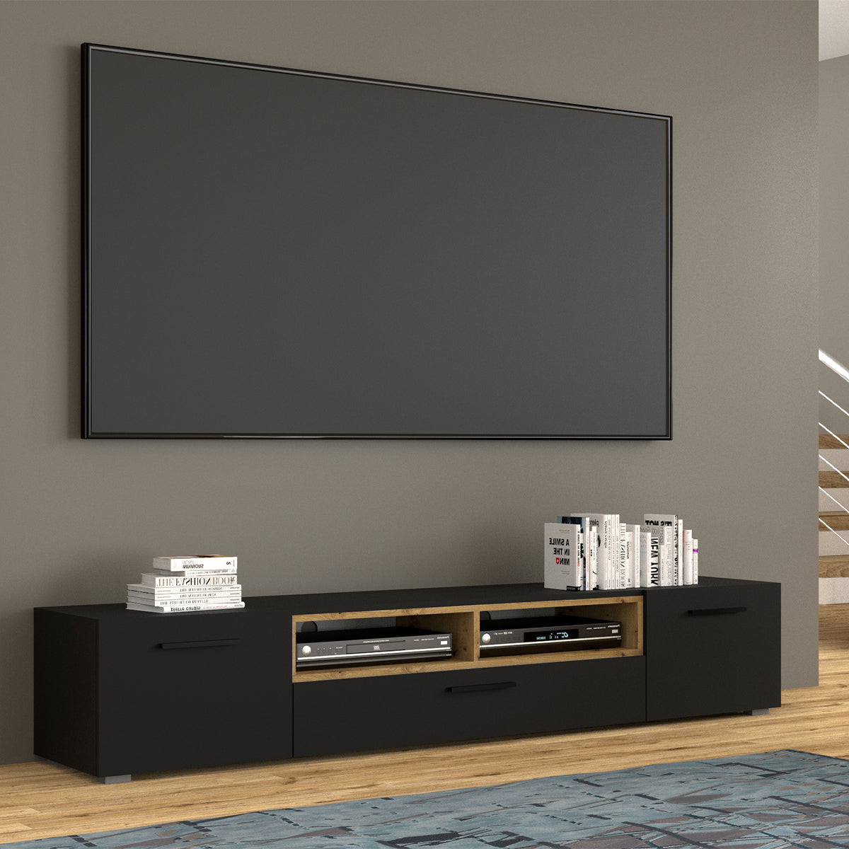 Meuble TV 3 portes 198 cm Ania Noir et Bois - vue 3