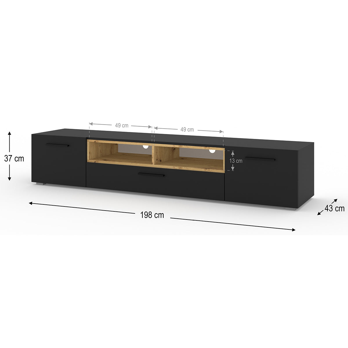 Meuble TV 3 portes 198 cm Ania Noir et Bois - vue 4