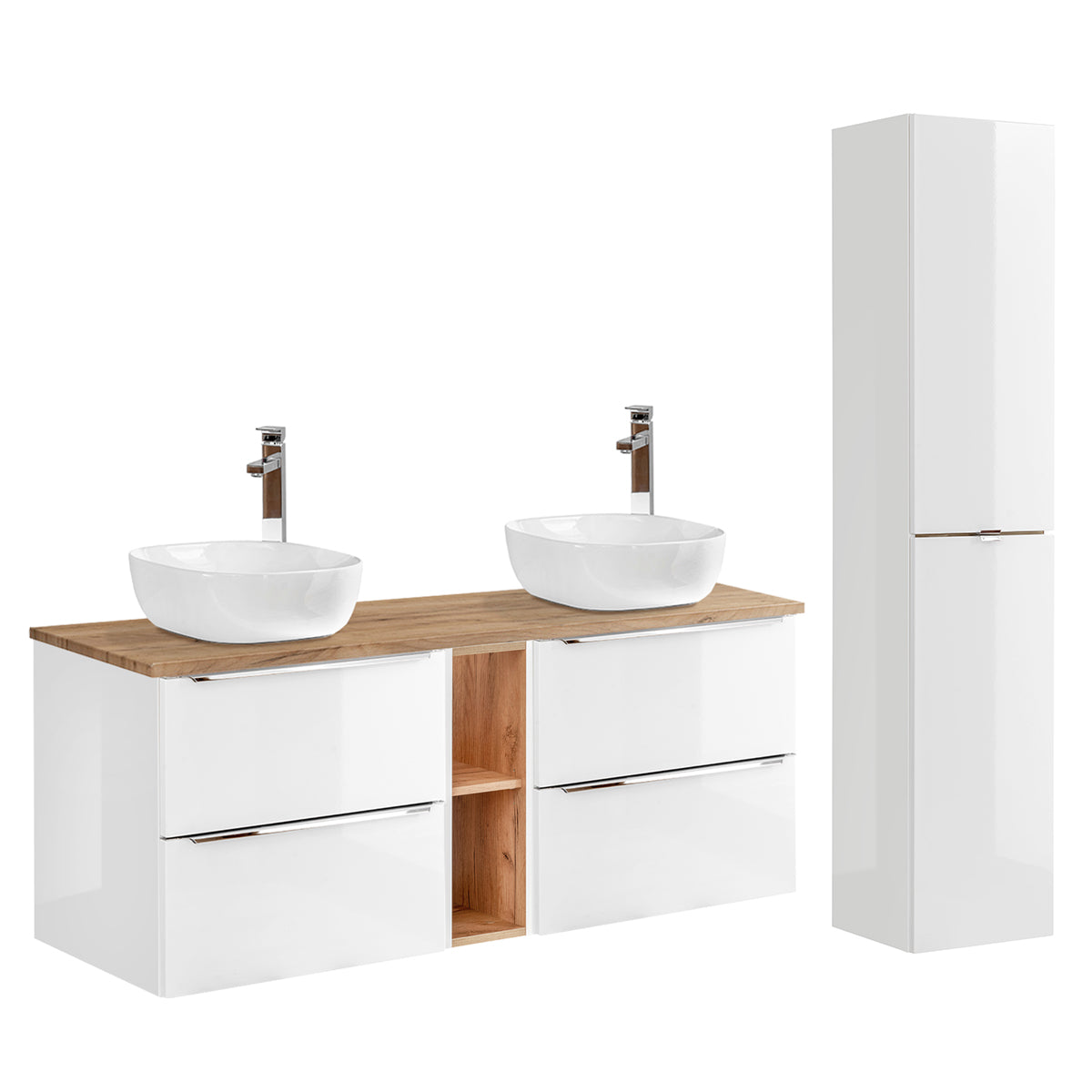 Ensemble meuble double vasque 140cm 2 niches et colonne April Blanc et Bois - vue 2