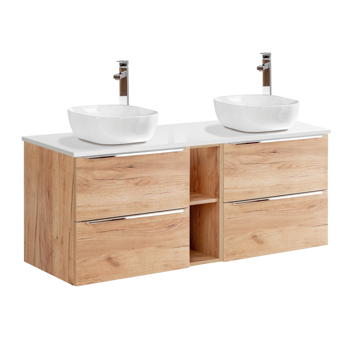 Ensemble meuble double vasque 140cm 2 niches et colonne April Bois et Blanc - vue 3