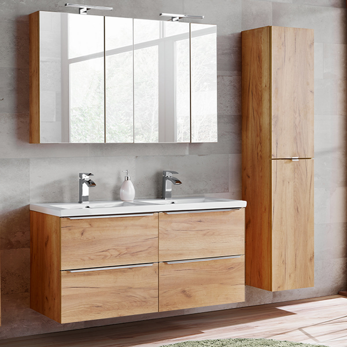 Ensemble meuble double vasque encastrée 120cm et colonne April Bois