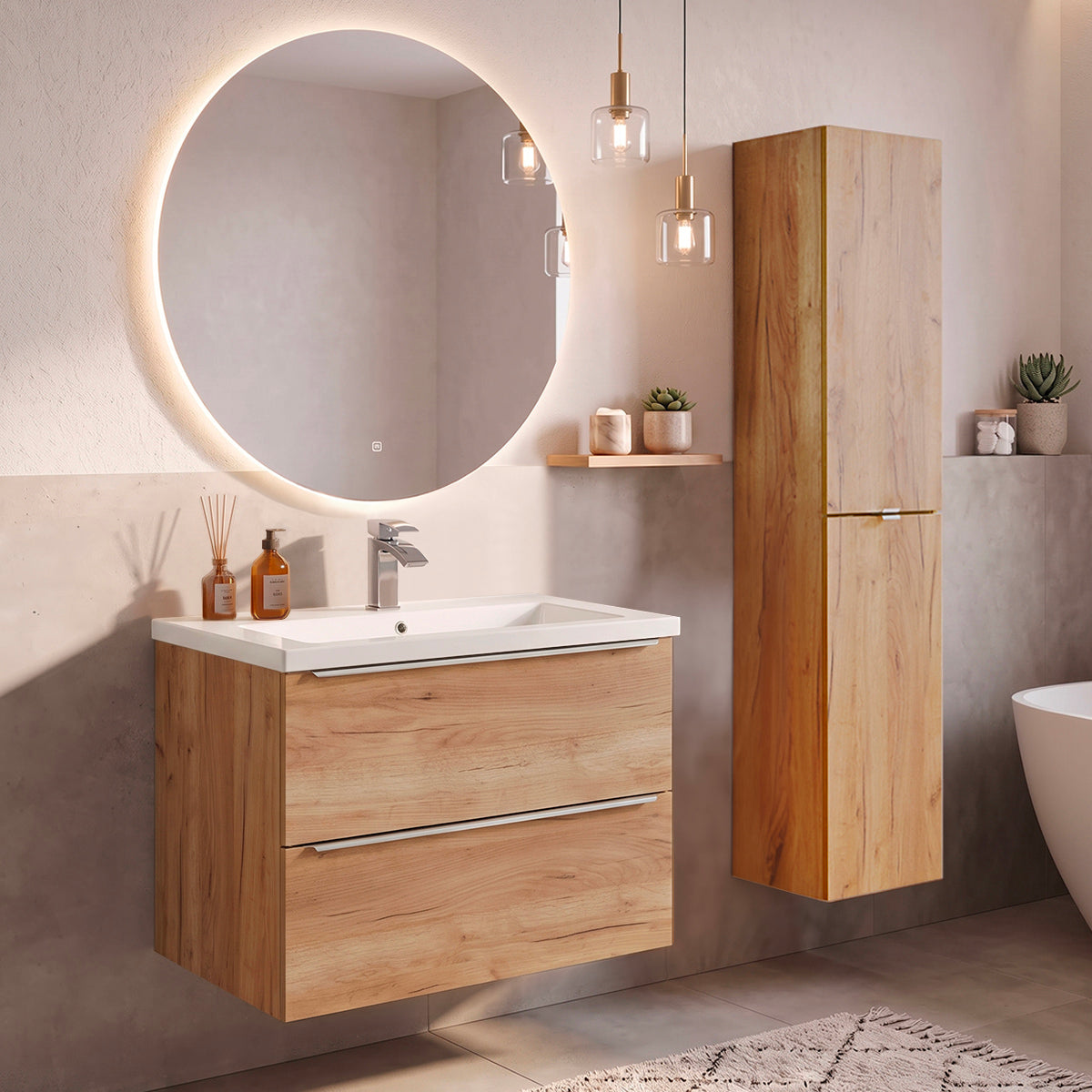 Ensemble meuble simple vasque encastrée 80cm et colonne April Bois