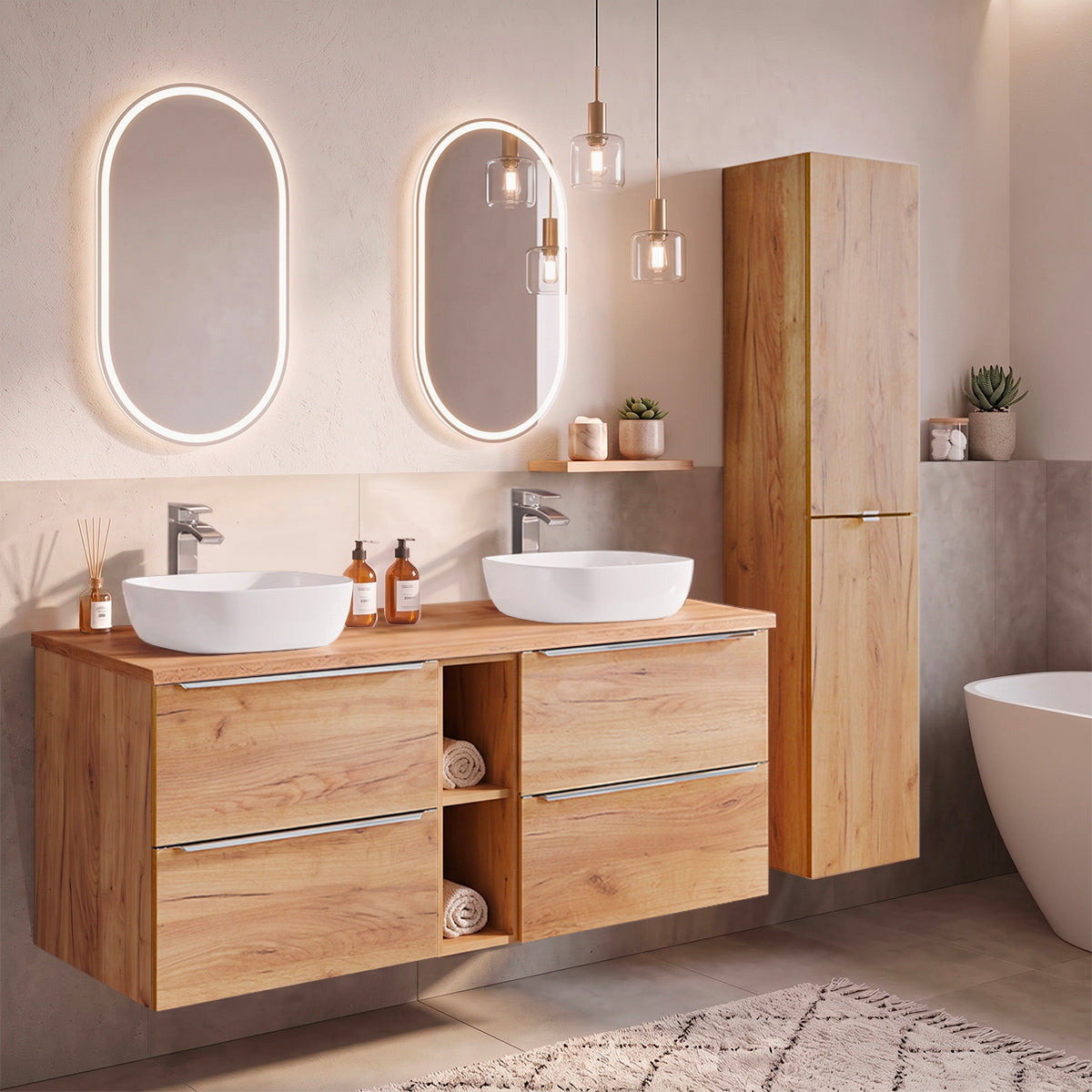 Ensemble meuble double vasque 140cm 2 niches et colonne April Bois