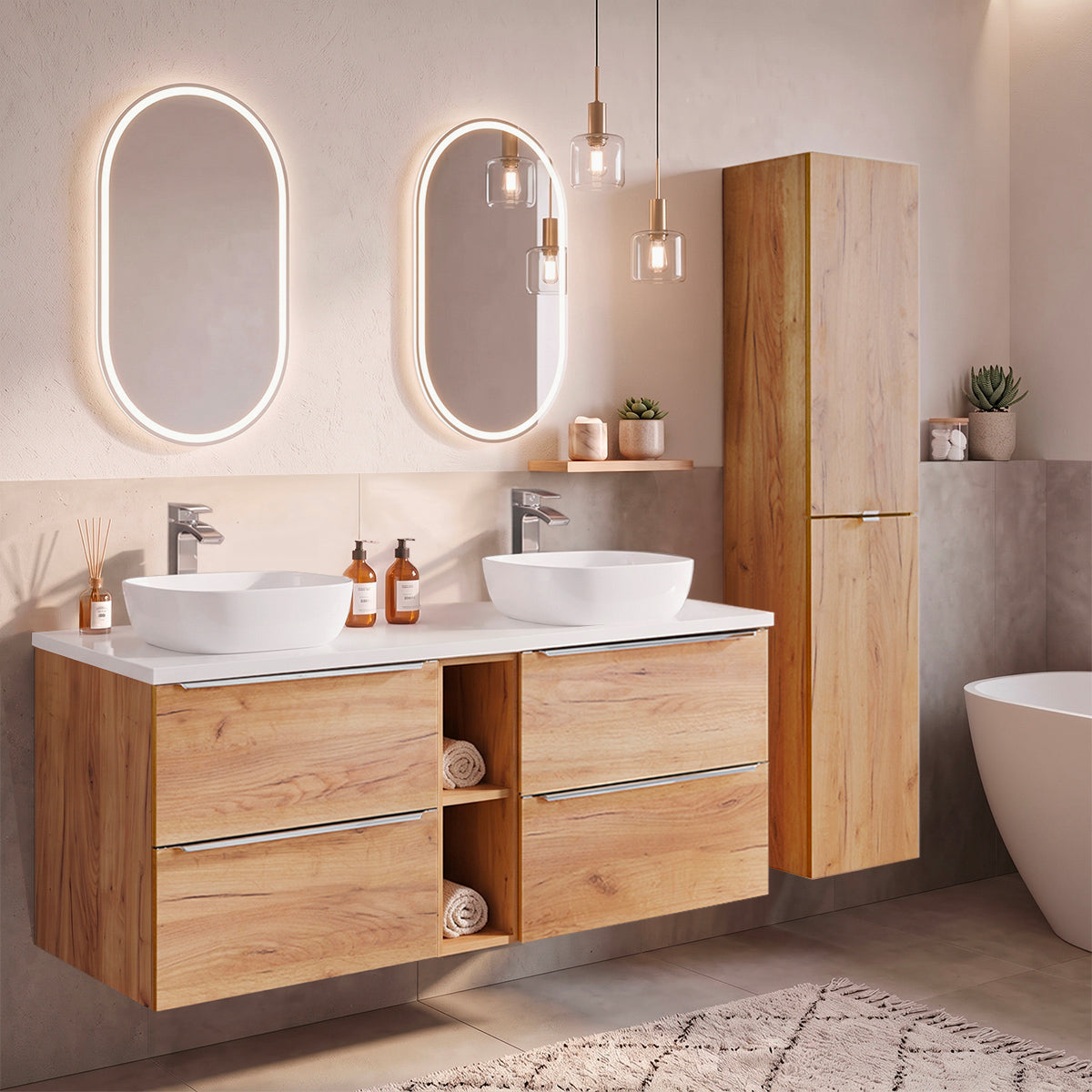 Ensemble meuble double vasque 140cm 2 niches et colonne April Bois et Blanc
