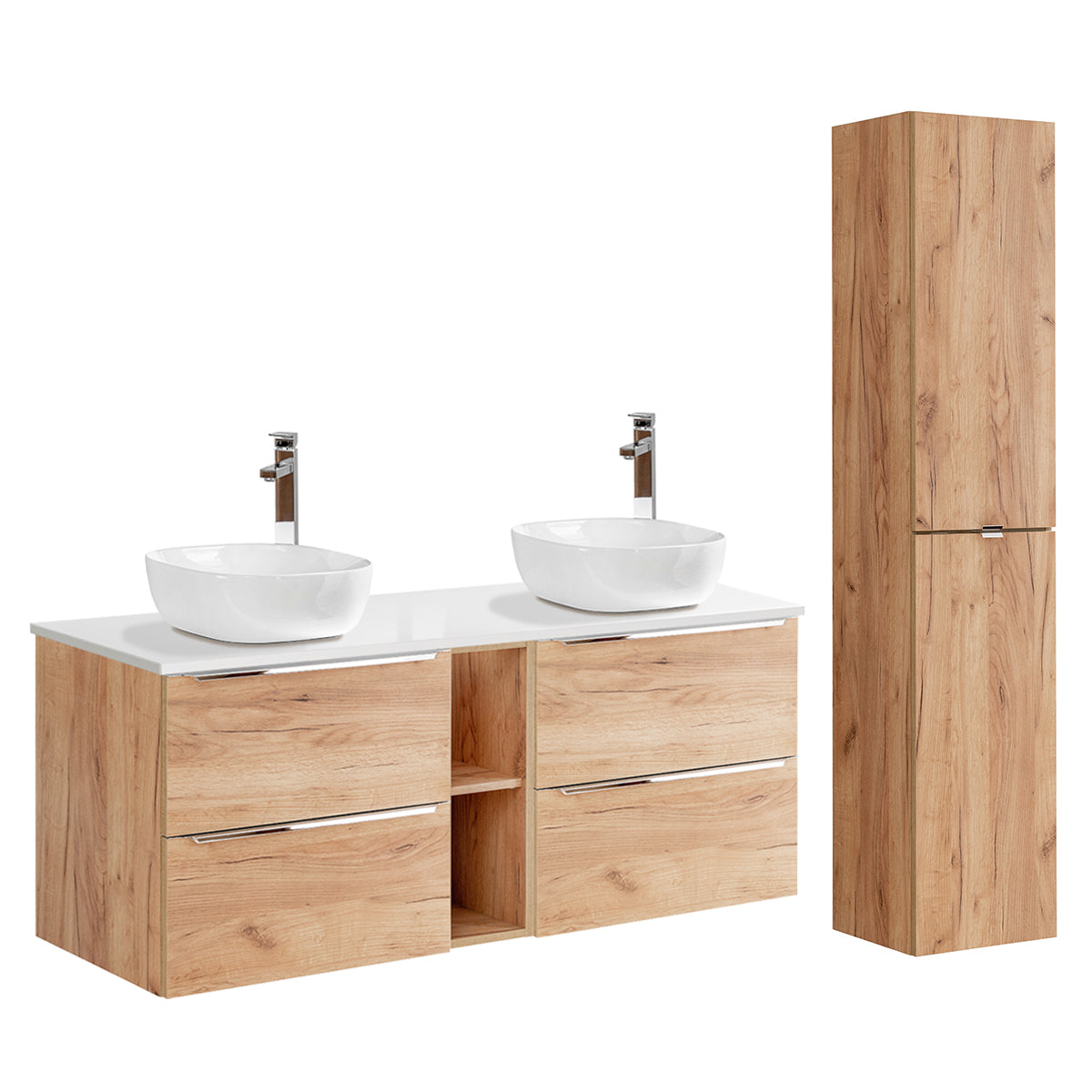 Ensemble meuble double vasque 140cm 2 niches et colonne April Bois et Blanc - vue 2
