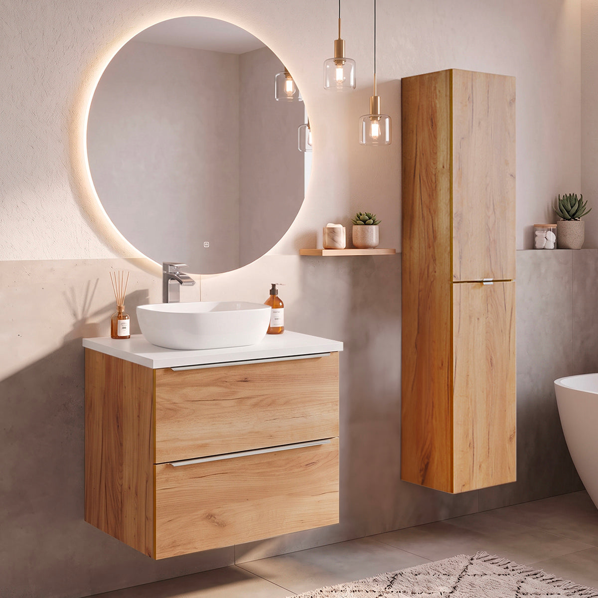 Ensemble meuble simple vasque 60cm et colonne April Bois et Blanc