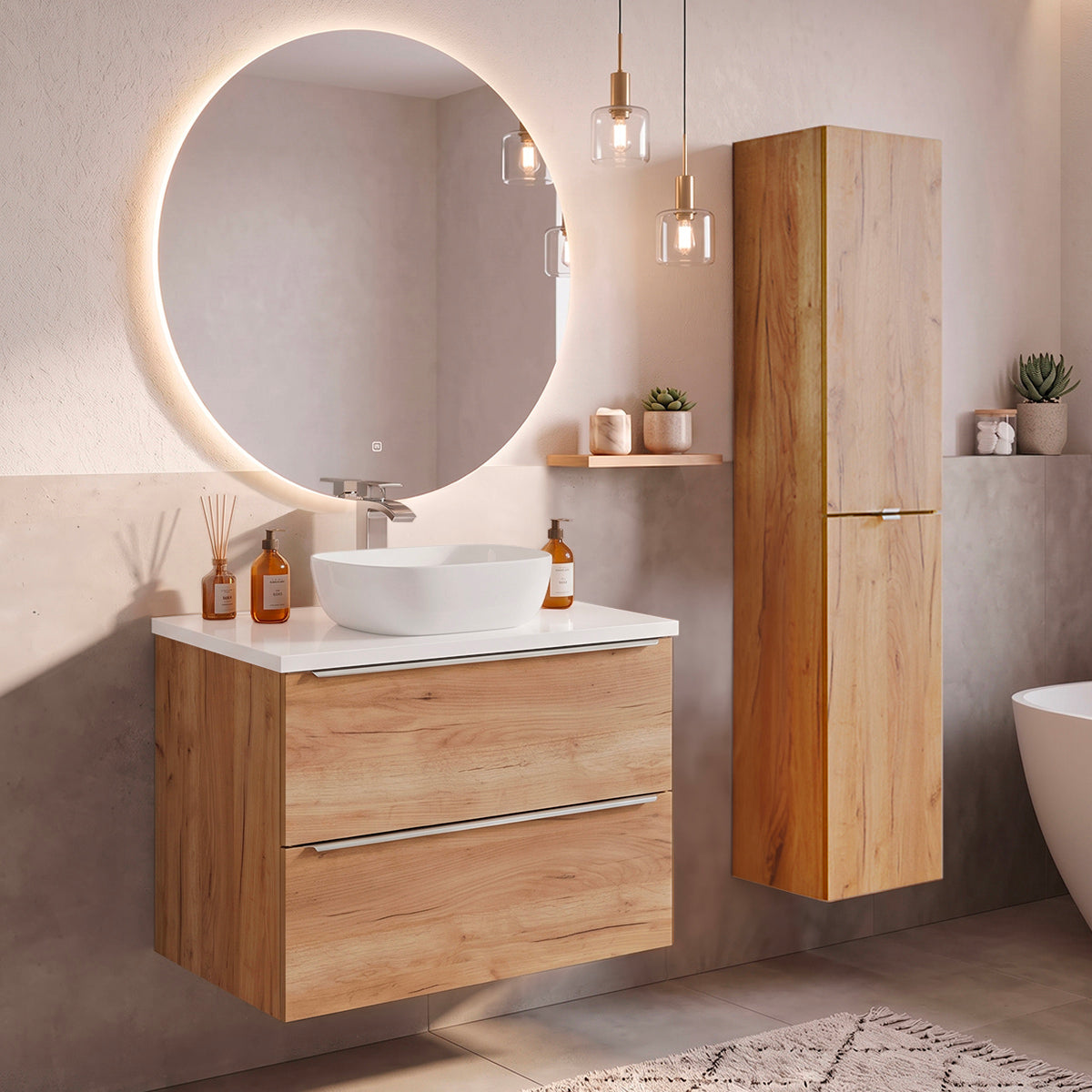 Ensemble meuble simple vasque 80cm et colonne April Bois et Blanc