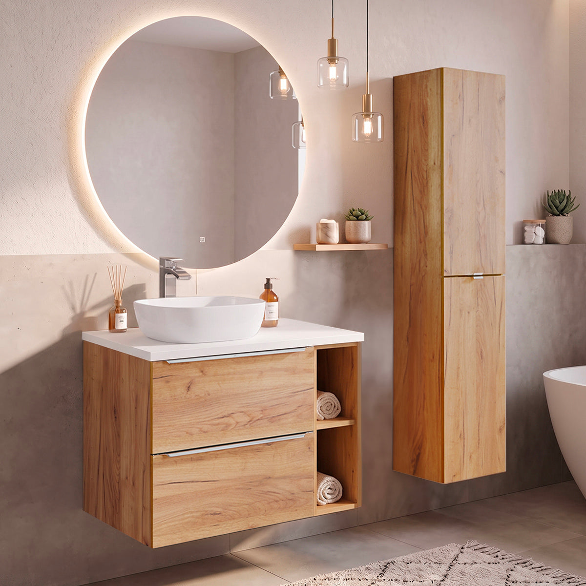 Ensemble meuble simple vasque 80cm 2 niches et colonne April Bois et Blanc