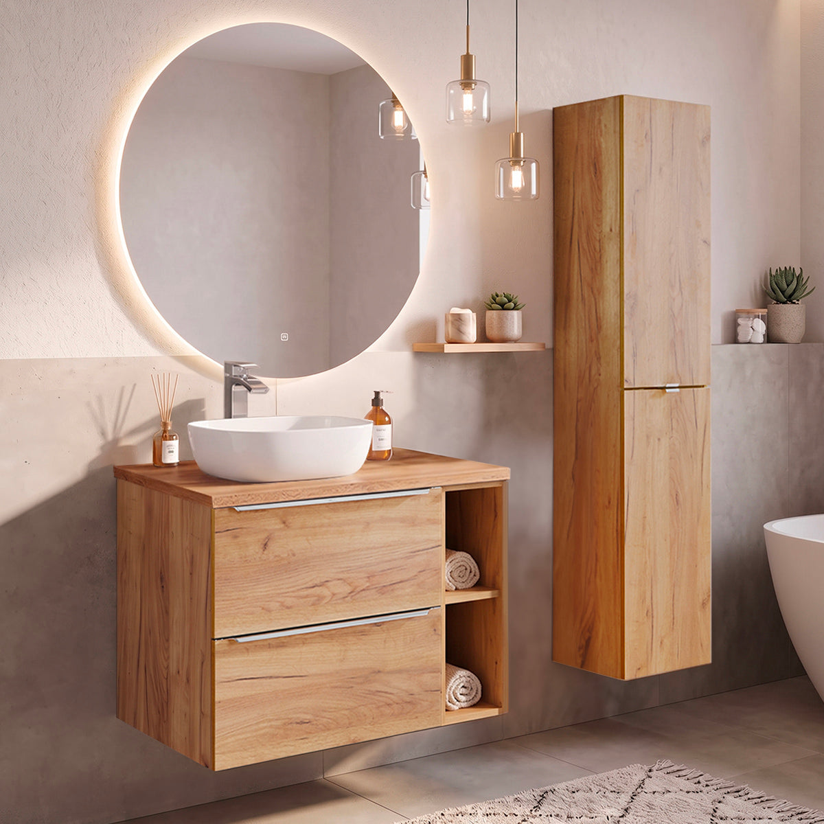 Ensemble meuble simple vasque 80cm 2 niches et colonne April Bois