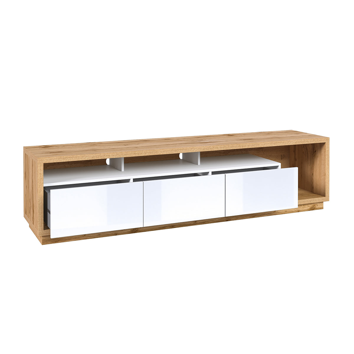 Meuble TV 3 tiroirs 200 cm Asten Blanc et Bois