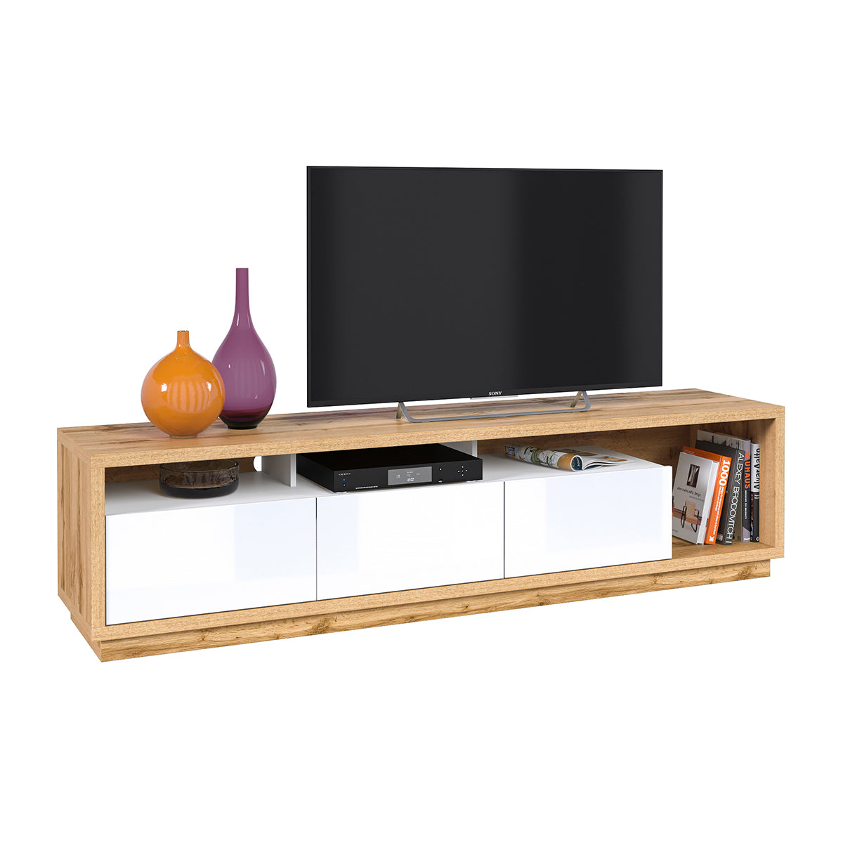 Meuble TV 3 tiroirs 200 cm Asten Blanc et Bois - vue 2