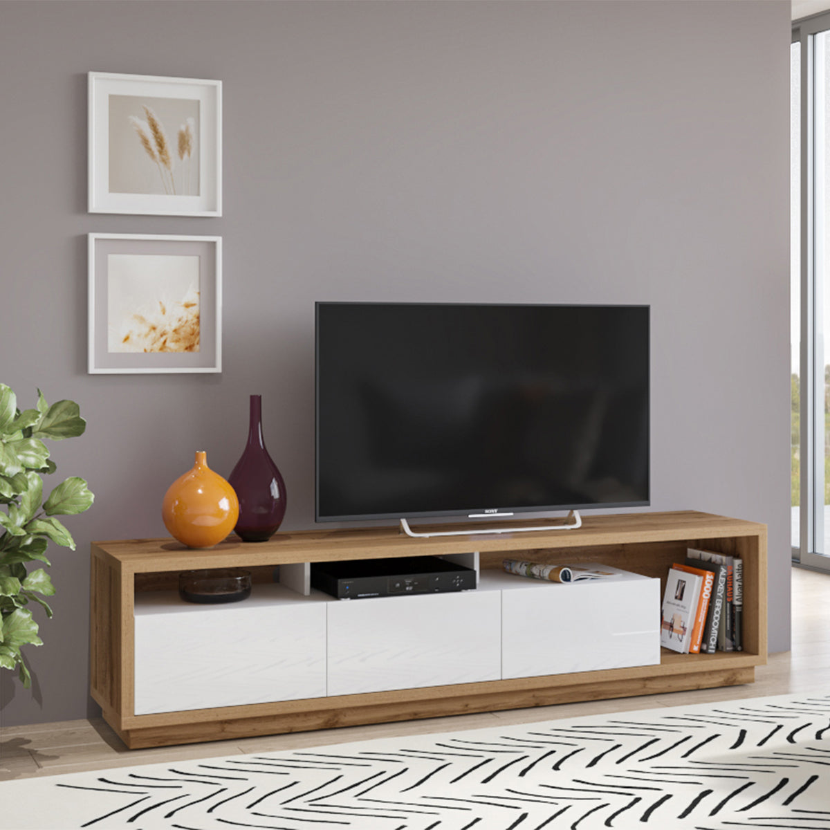 Meuble TV 3 tiroirs 200 cm Asten Blanc et Bois - vue 3